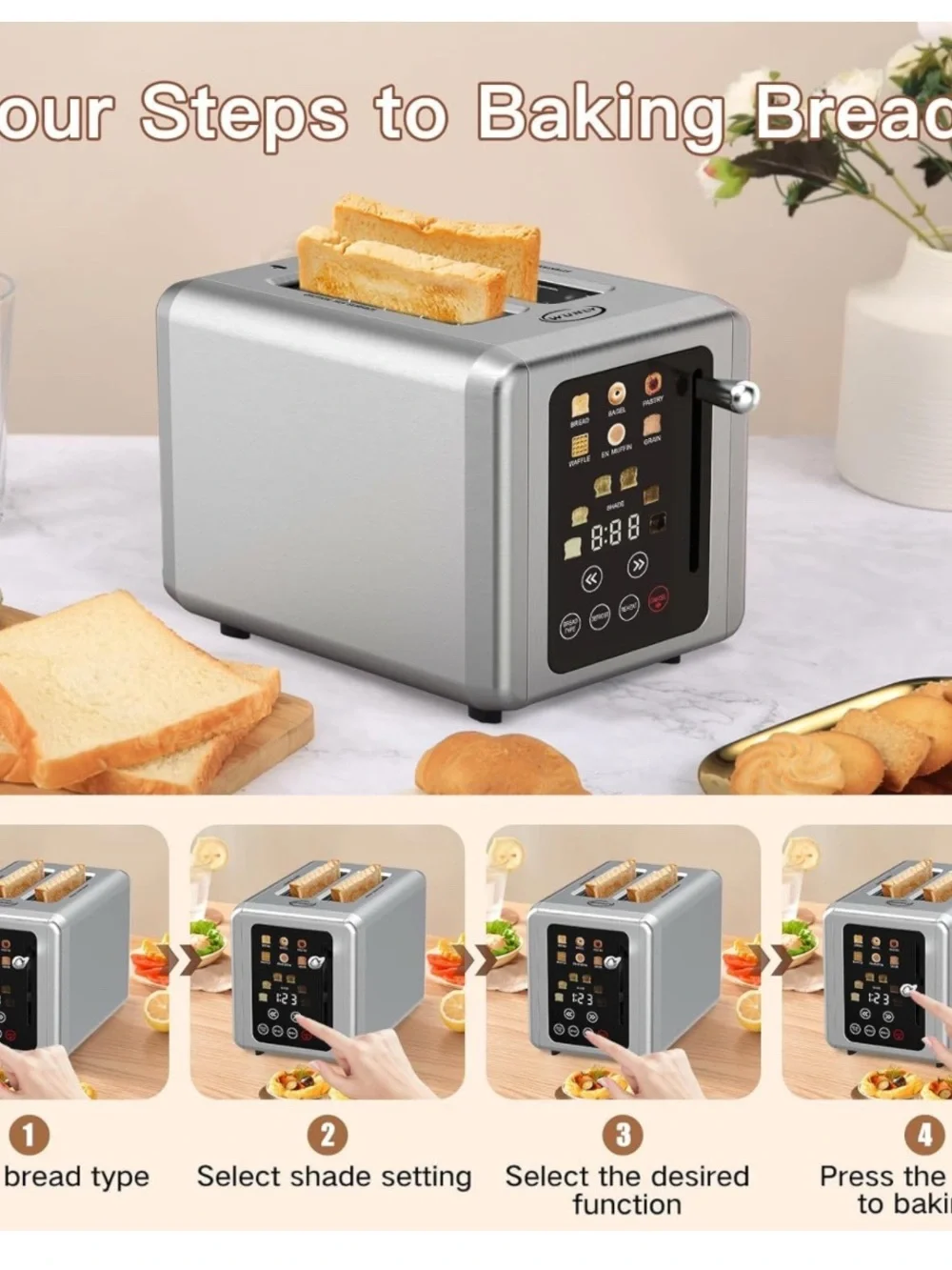 Wunly screen Toaster 2 slice, Stainless Steel Digital Timer Toaster